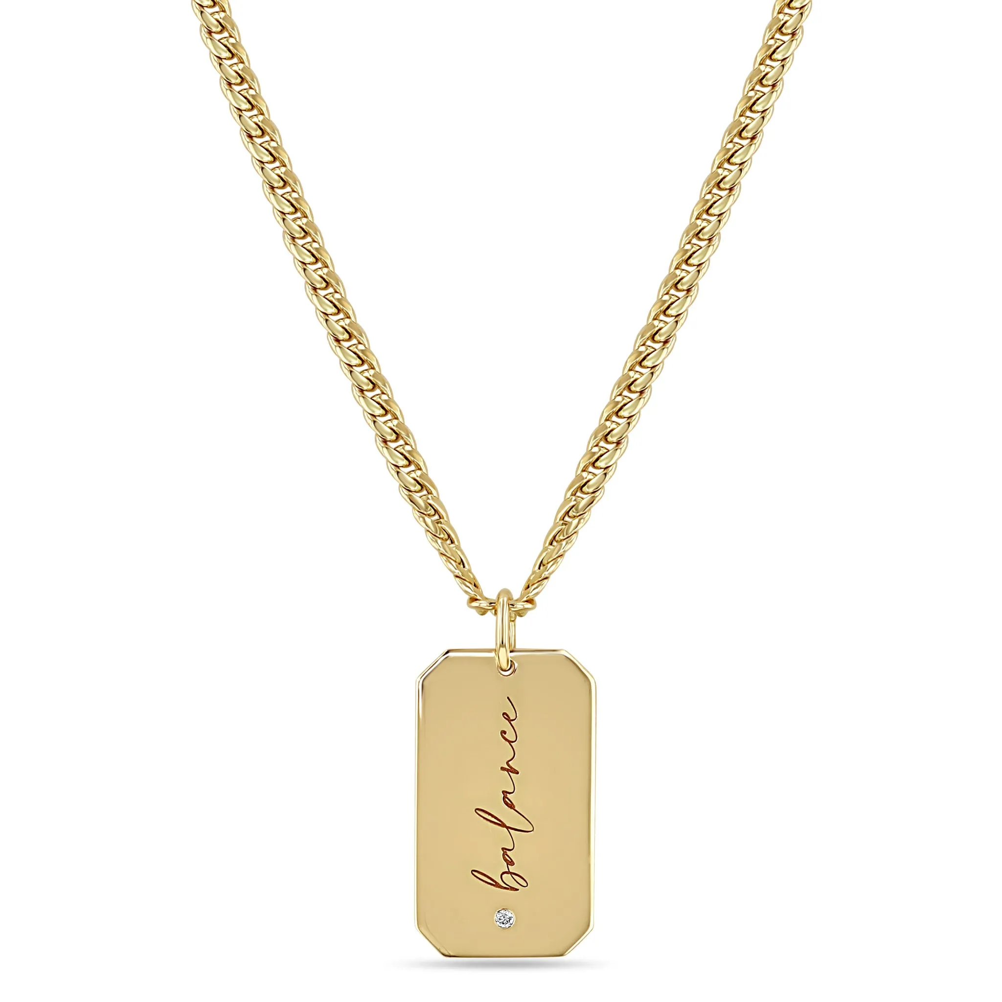 14k Large balance Square Edge Dog Tag Pendant Small Curb Chain Necklace