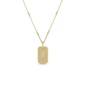 14k Pavé Diamond Lightning Bolt Small Square Edge Dog Tag Necklace