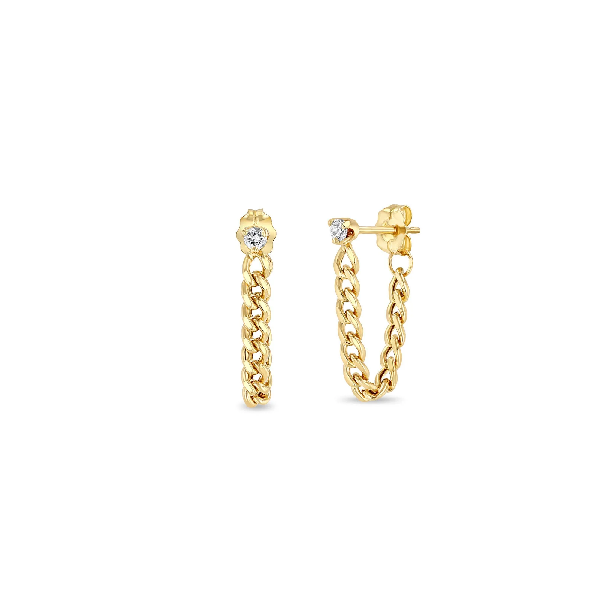 14k Prong Diamond Small Curb Chain Huggie Earrings