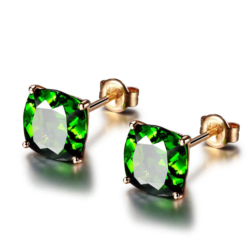 14k Rose Gold Square Simulated Emerald Small Stud Earrings