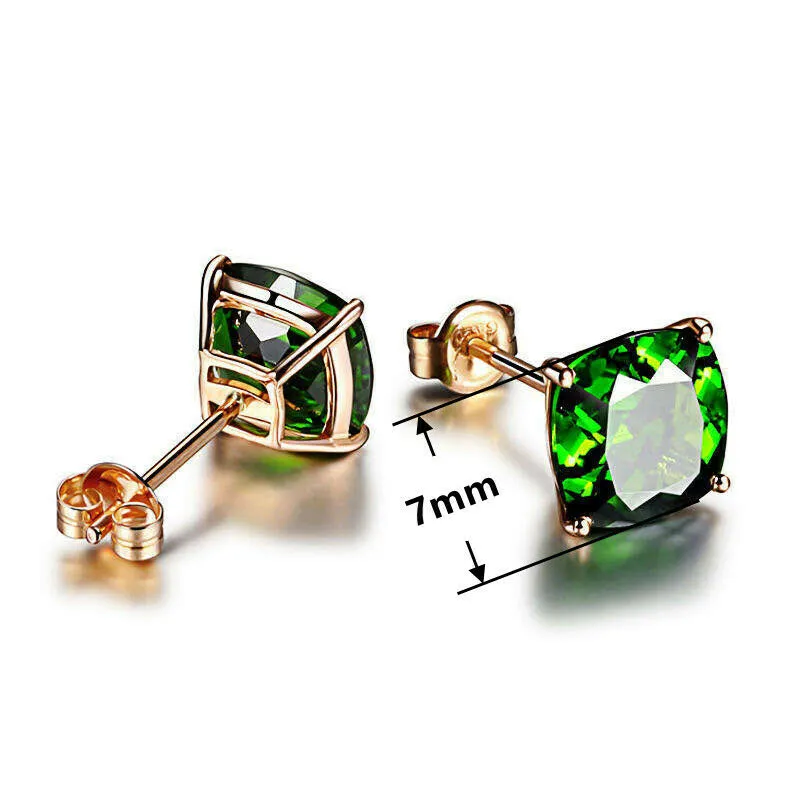 14k Rose Gold Square Simulated Emerald Small Stud Earrings