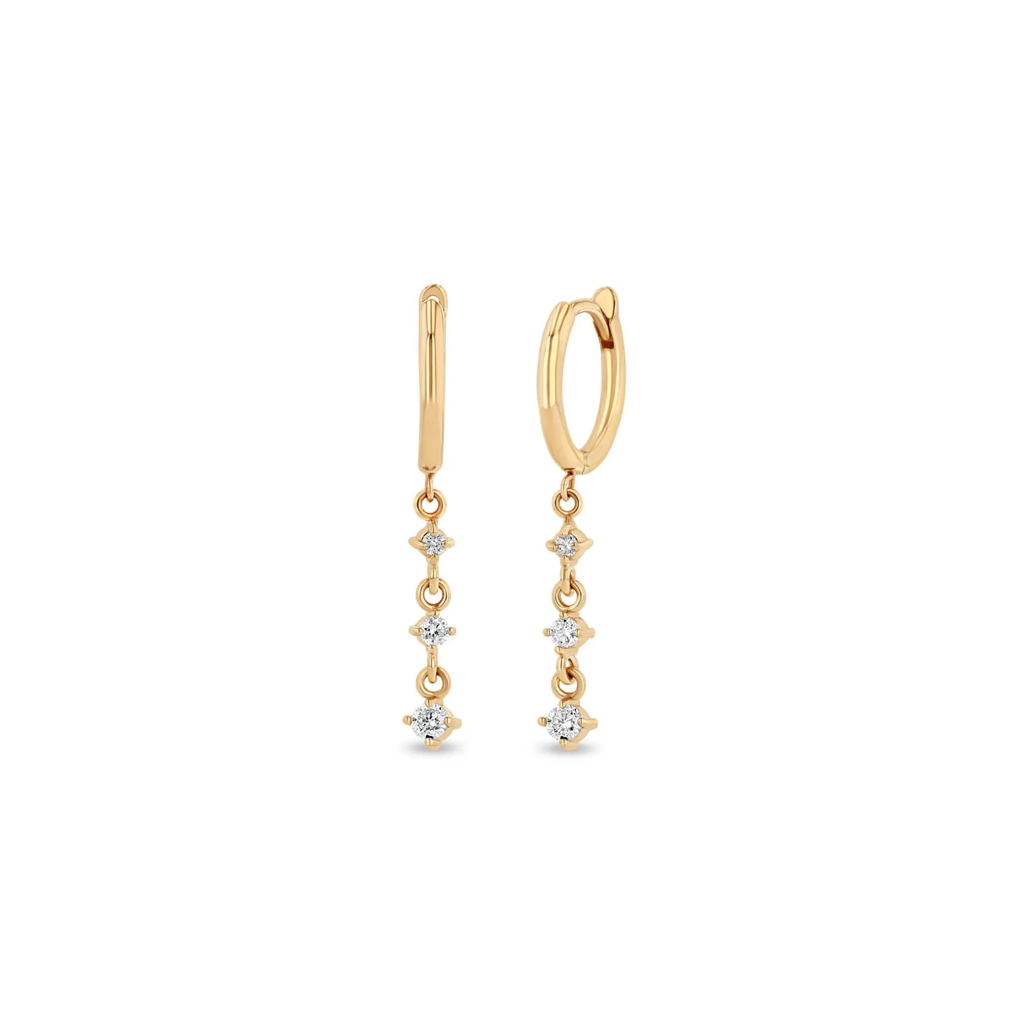 14k Small Hinge Huggie Hoops with Linked Diamond Drop