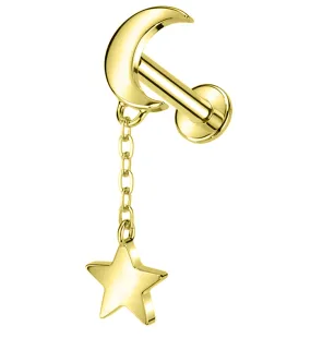 14kt Gold Crescent Moon Dangle Star Internally Threaded Labret