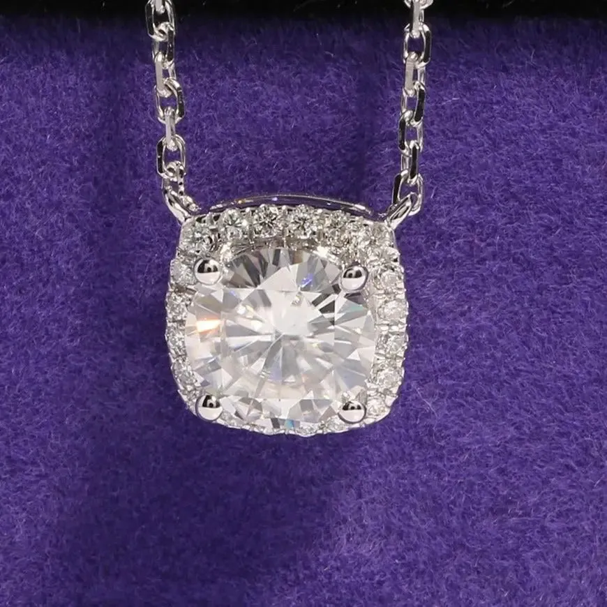 18k White Gold Moissanite Halo Necklace 1ct Center Stone