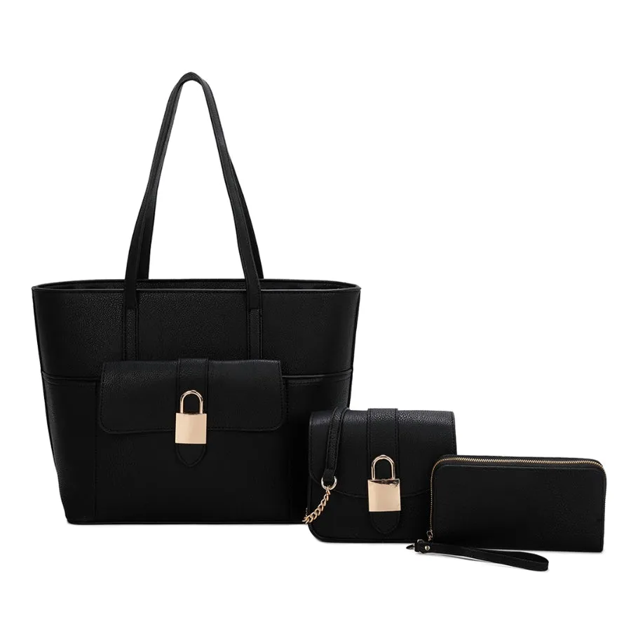 3-in-1 decorated lock tote set - black