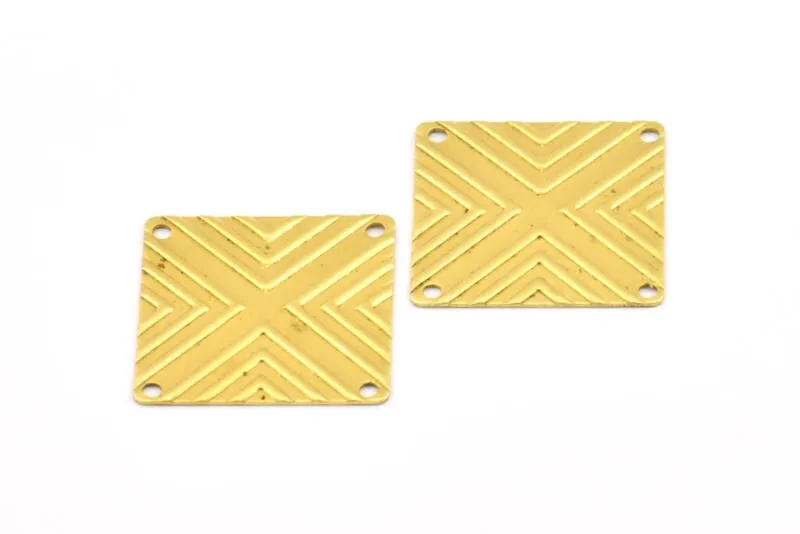 50 Raw Brass Square Textured Connectors With 4 Holes, Charms, Findings (20mm) Brs 673 A0063