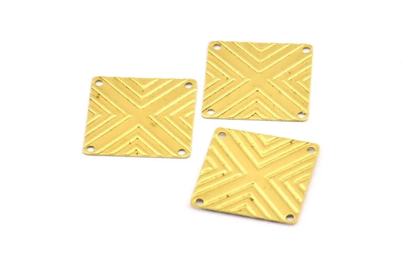 50 Raw Brass Square Textured Connectors With 4 Holes, Charms, Findings (20mm) Brs 673 A0063