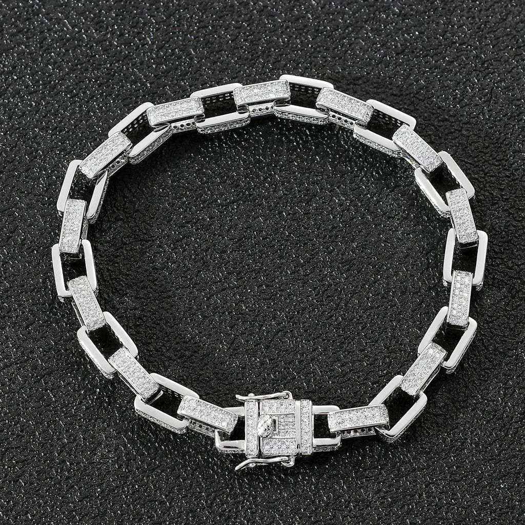 8mm Iced Box Link Bracelet in White Gold Plating