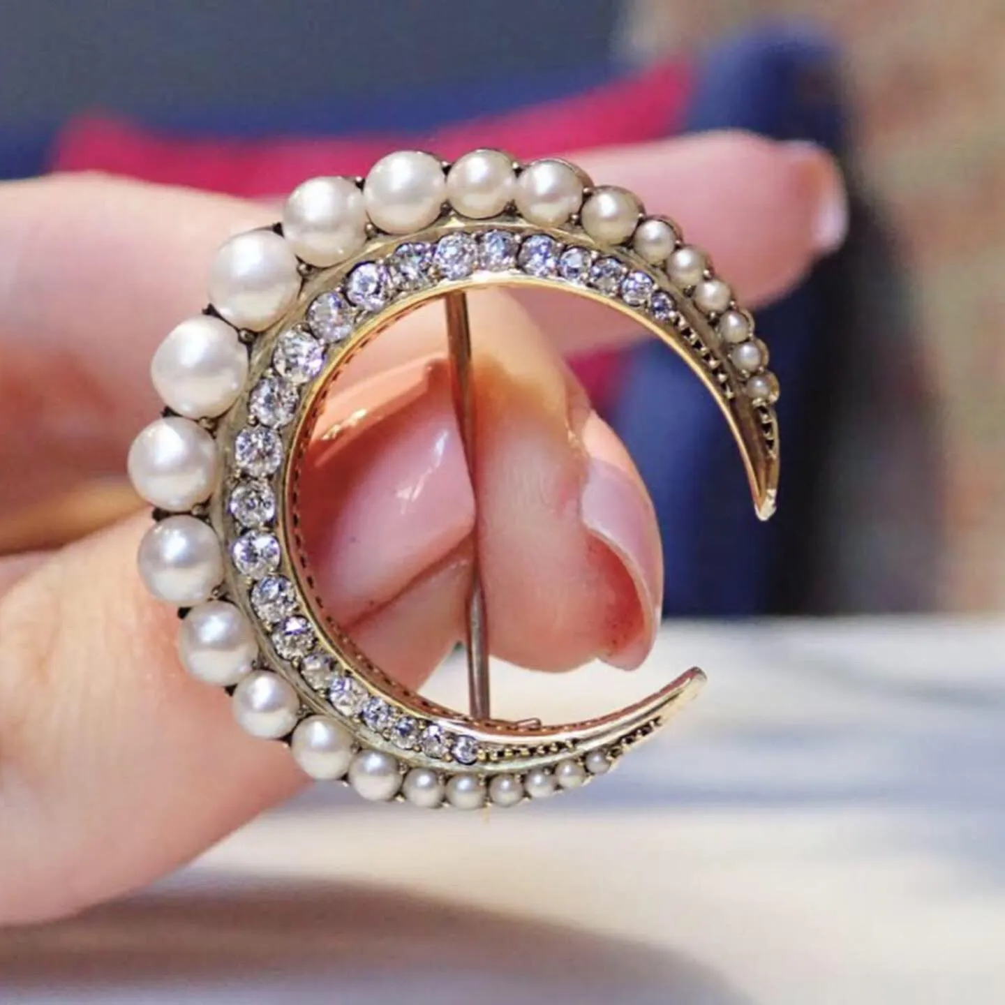 Antique Pearl & Diamond Crescent Pin