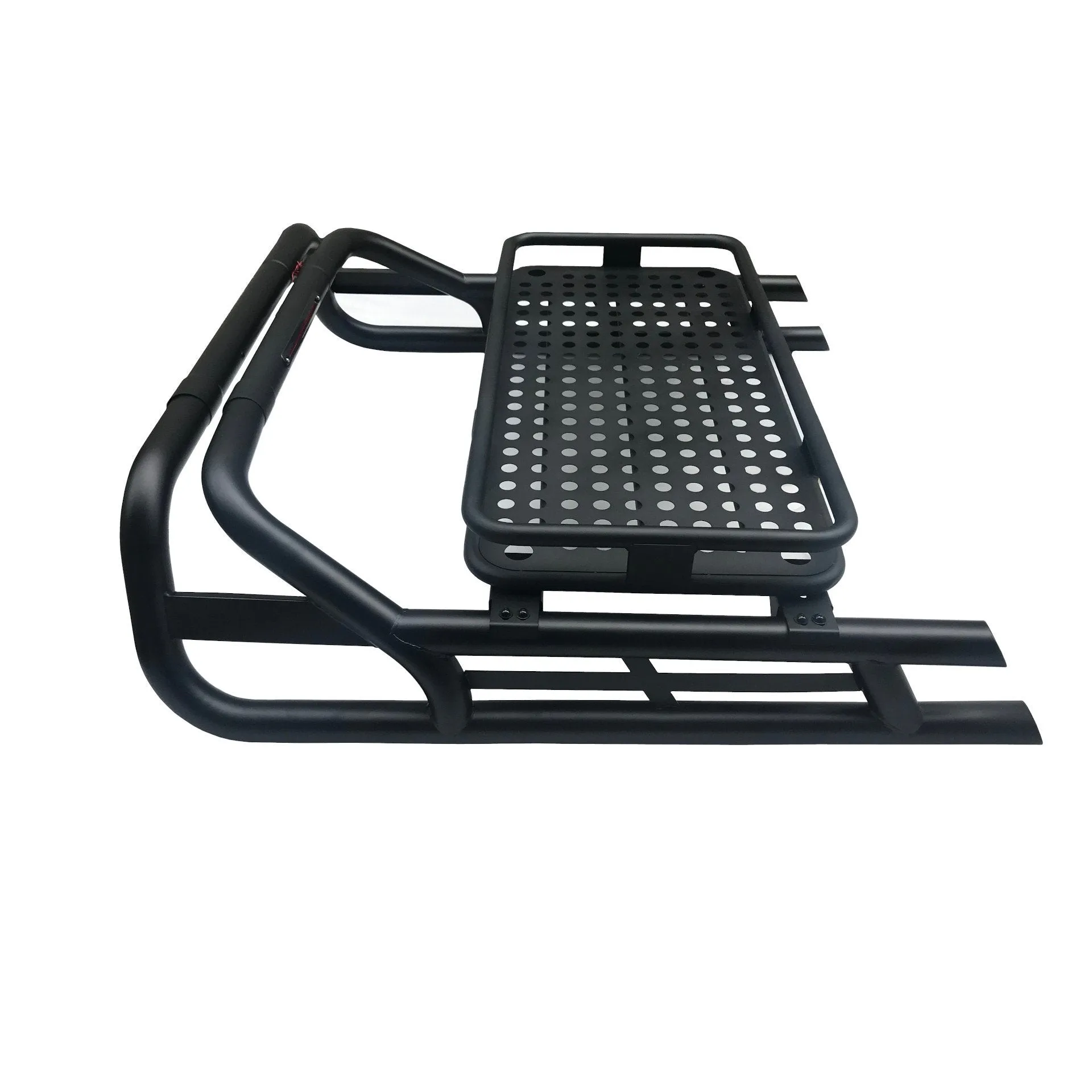 Black Long Arm Roll Bar with Cargo Basket Compatible with the Renault Alaskan