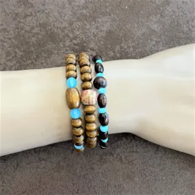 Brown Wood and Light Blue Beaded Bracelet Trio Set