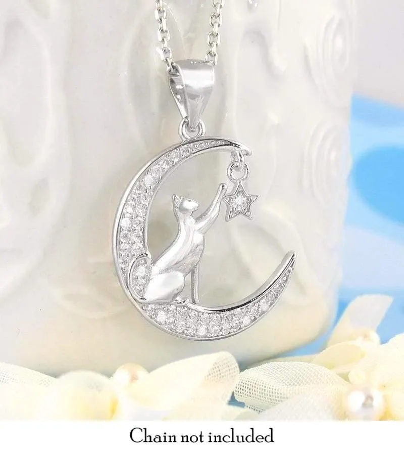 Cat Reaching for a Star on a Crescent Moon Pendant