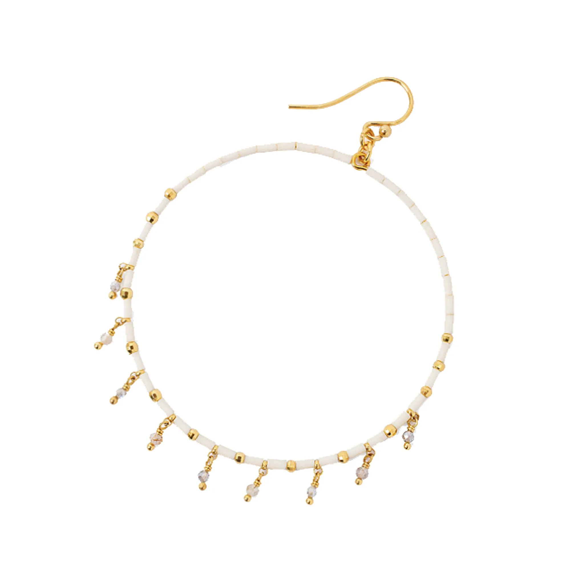 Chan Luu Gold Hoop Earrings in Cream Seed Beads with Labradorite Charms