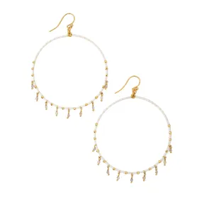 Chan Luu Gold Hoop Earrings in Cream Seed Beads with Labradorite Charms