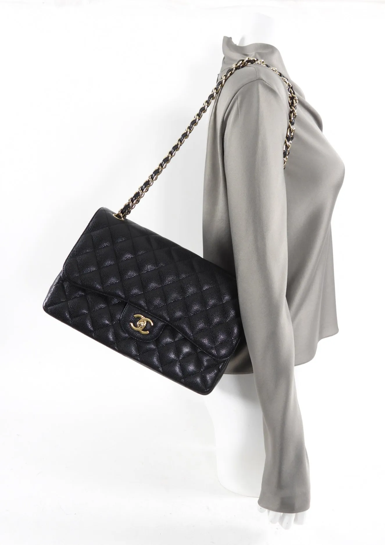 Chanel Black Caviar Jumbo Double Classic Flap Bag