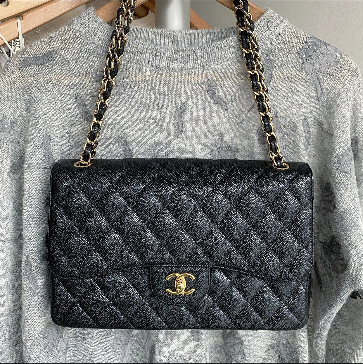 Chanel Black Caviar Jumbo Double Classic Flap Bag