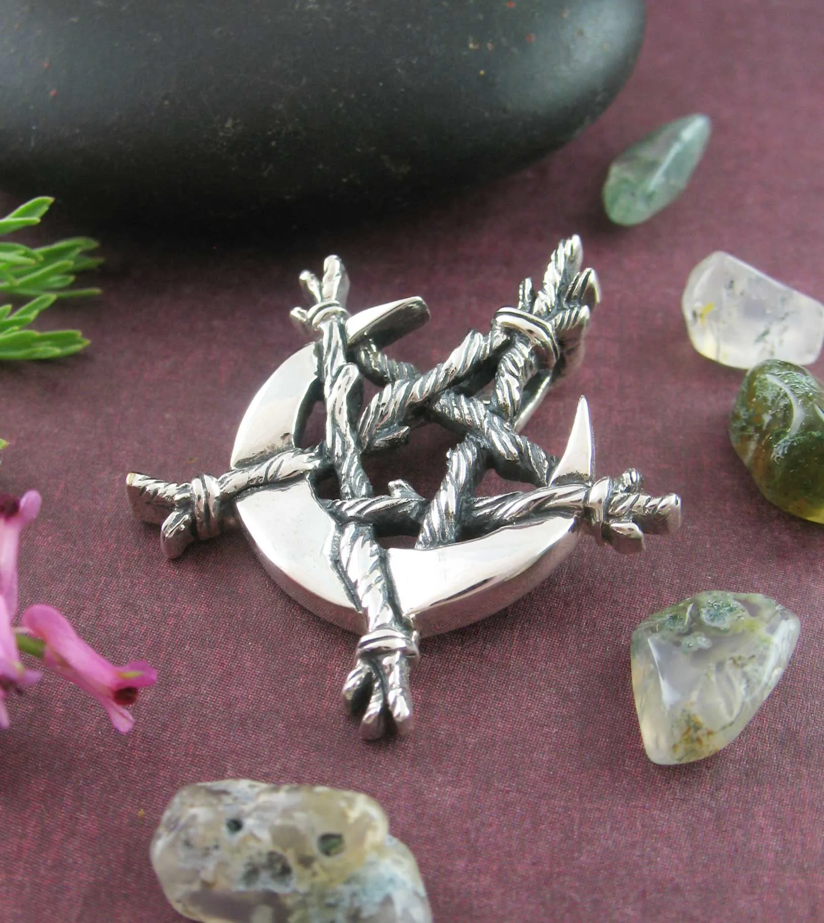 Crescent Moon Bound by Twigs Pentagram Pendant, Handmade