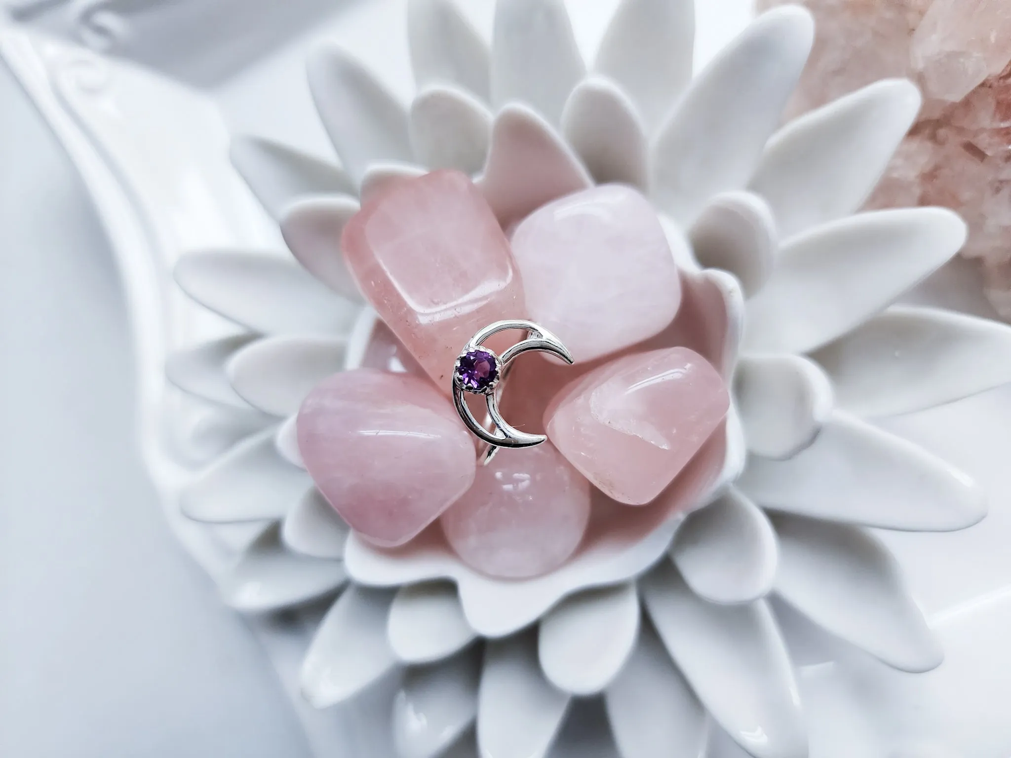 Crescent Moon Sterling Ring || Amethyst