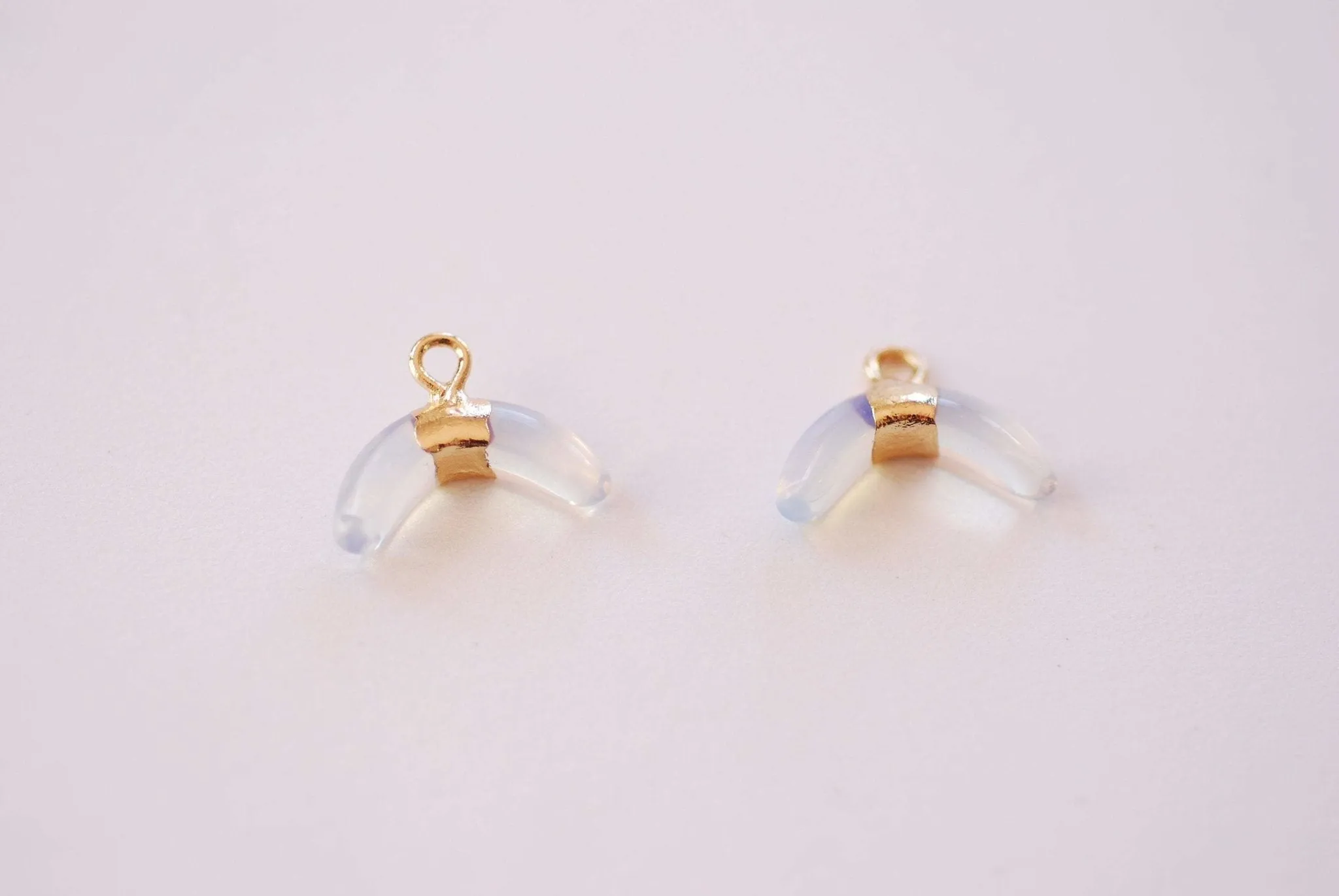 Crescent Moon Wholesale Opalite Charm - 16k Gold Plated Brass Opal Moonstone Double Horn Tusk Charms B135