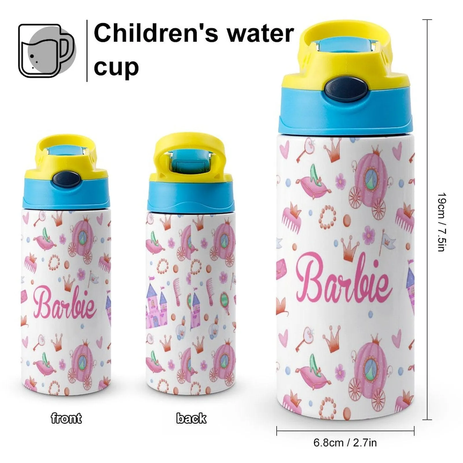 Custom Name Cute White Kids Water Bottle 12OZ Stainless Steel Personalized Drink Cup