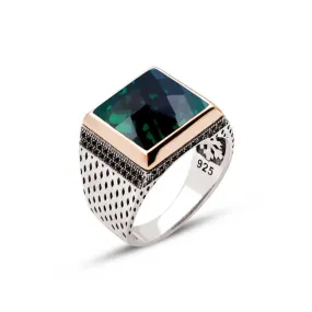 Facet Cut Green Zircon Stone Square Silver Men’s Ring Siding Zircons and Teardrop Pattern