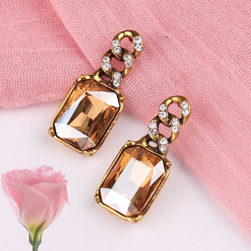 Golden Geometric Square Crystal Drop Stud Earring - 4 Colors