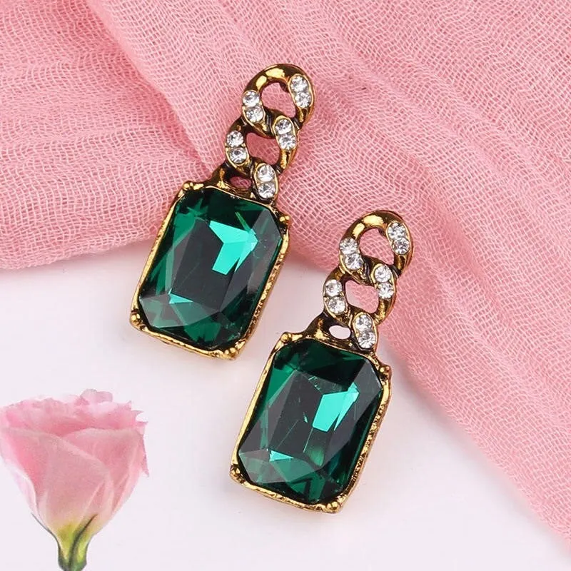 Golden Geometric Square Crystal Drop Stud Earring - 4 Colors