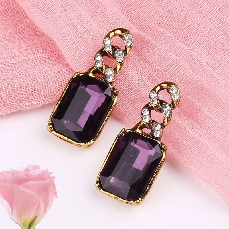 Golden Geometric Square Crystal Drop Stud Earring - 4 Colors