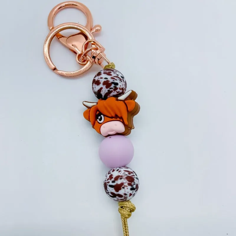 Handcrafted Highland Cow Design Rose Keychain