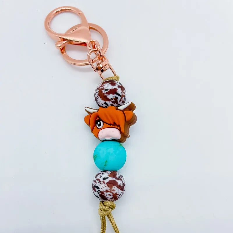 Handcrafted Highland Cow Design Rose Keychain