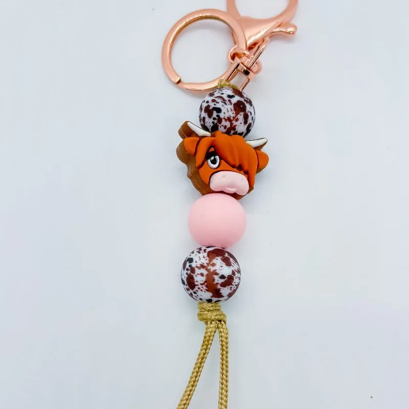 Handcrafted Highland Cow Design Rose Keychain