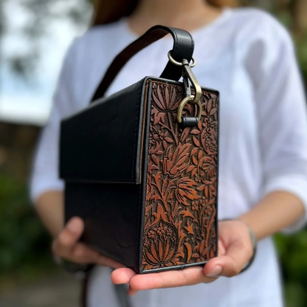 Handcrafted Leather & Wood Carved Sling Bag - Black & Brown