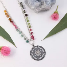 Lunar Compass - Sterling Silver Tourmaline Compass Pendant Necklace