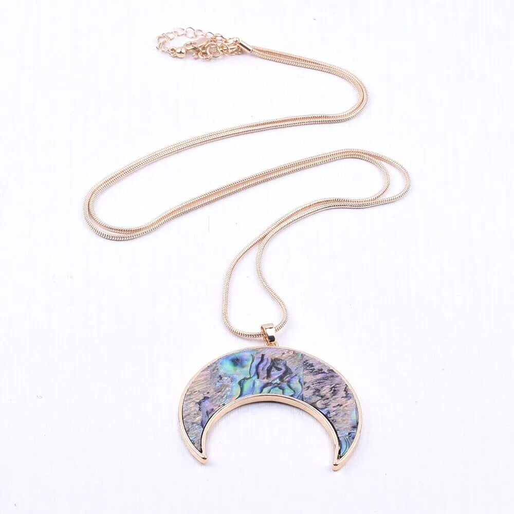 Natural Abalone Shell Crescent Pendant Necklace