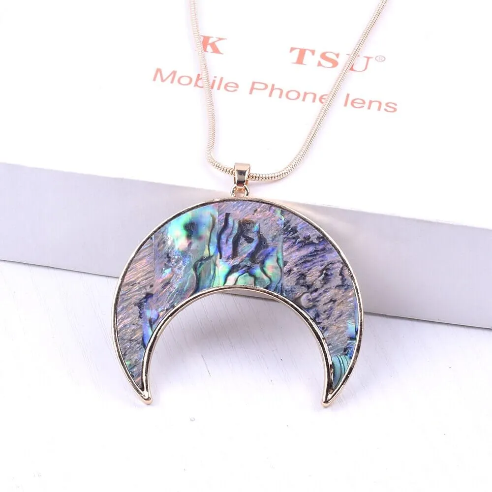 Natural Abalone Shell Crescent Pendant Necklace