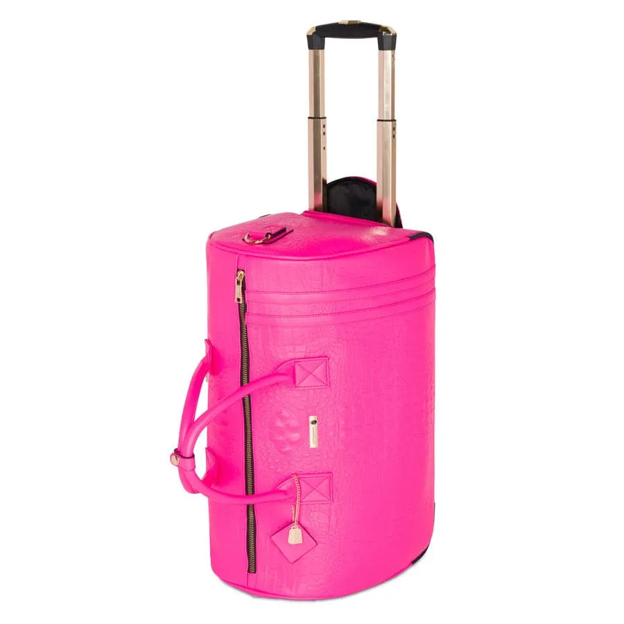 Neon Pink Apollo 2 Faux Crocodile Skin Rolling Duffle Bag