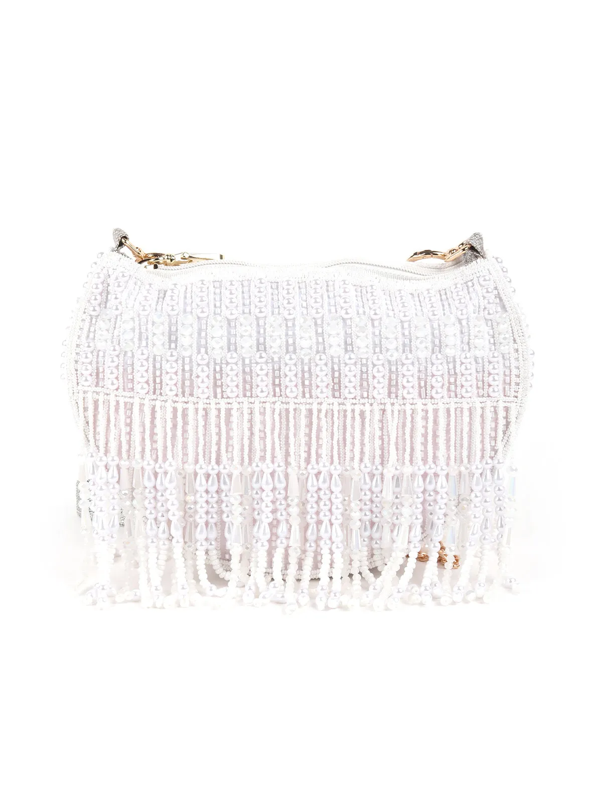 Odette White All-Pearls Tasseled Sling Bag For Women