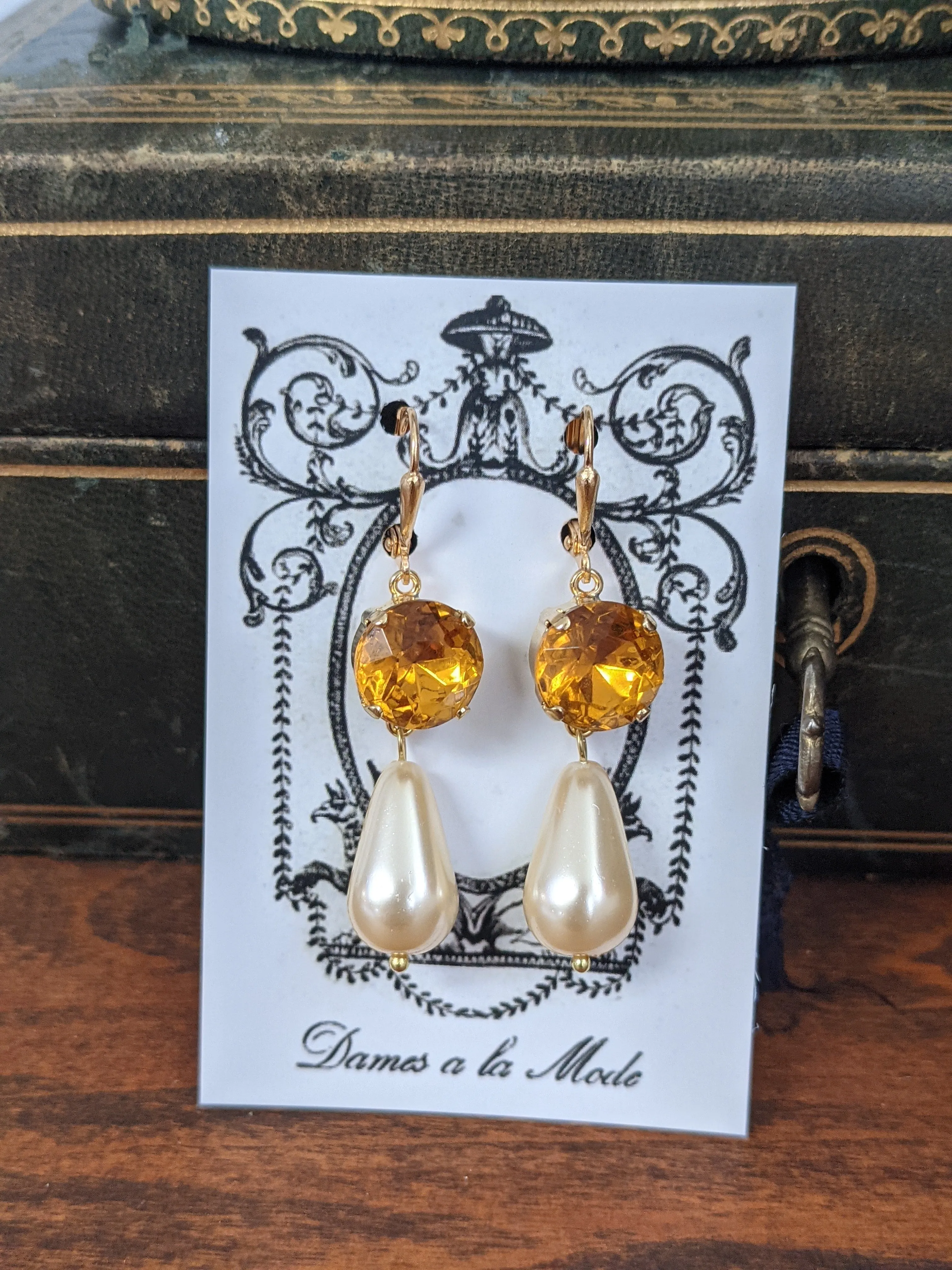 Orange Topaz and Pearl Earrings - Small Round, Medium Pearl