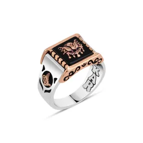 Ottoman Empire Coat of Arms on Black Square Onyx Stone with Pattern Silver Men’s Ring Siding Ottoman Tughra