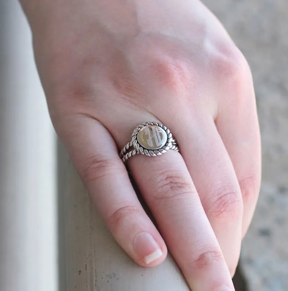 Personalized Sterling Silver Round Double Rope Band Ring