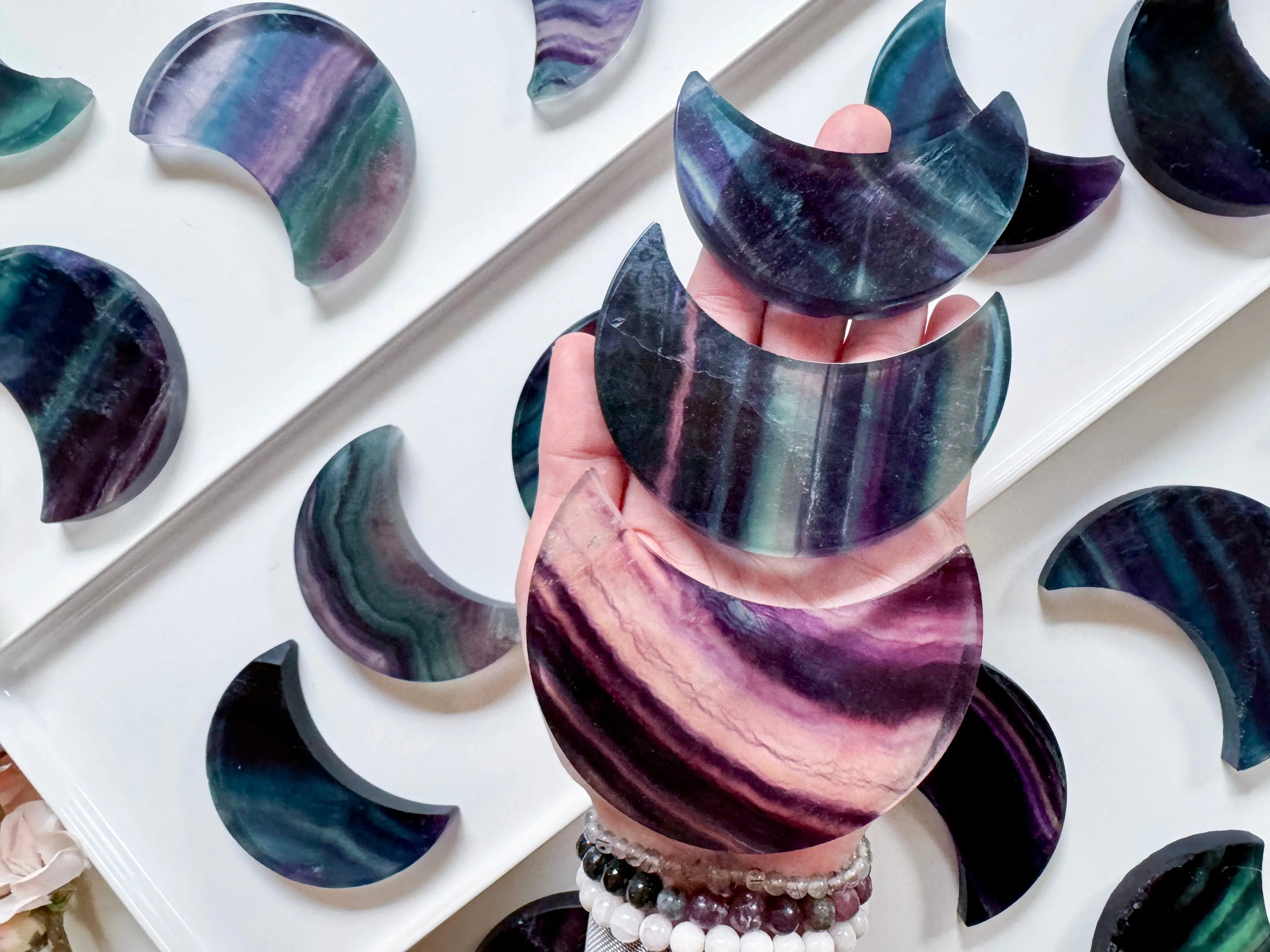 Rainbow Fluorite Crescent Moon Carving