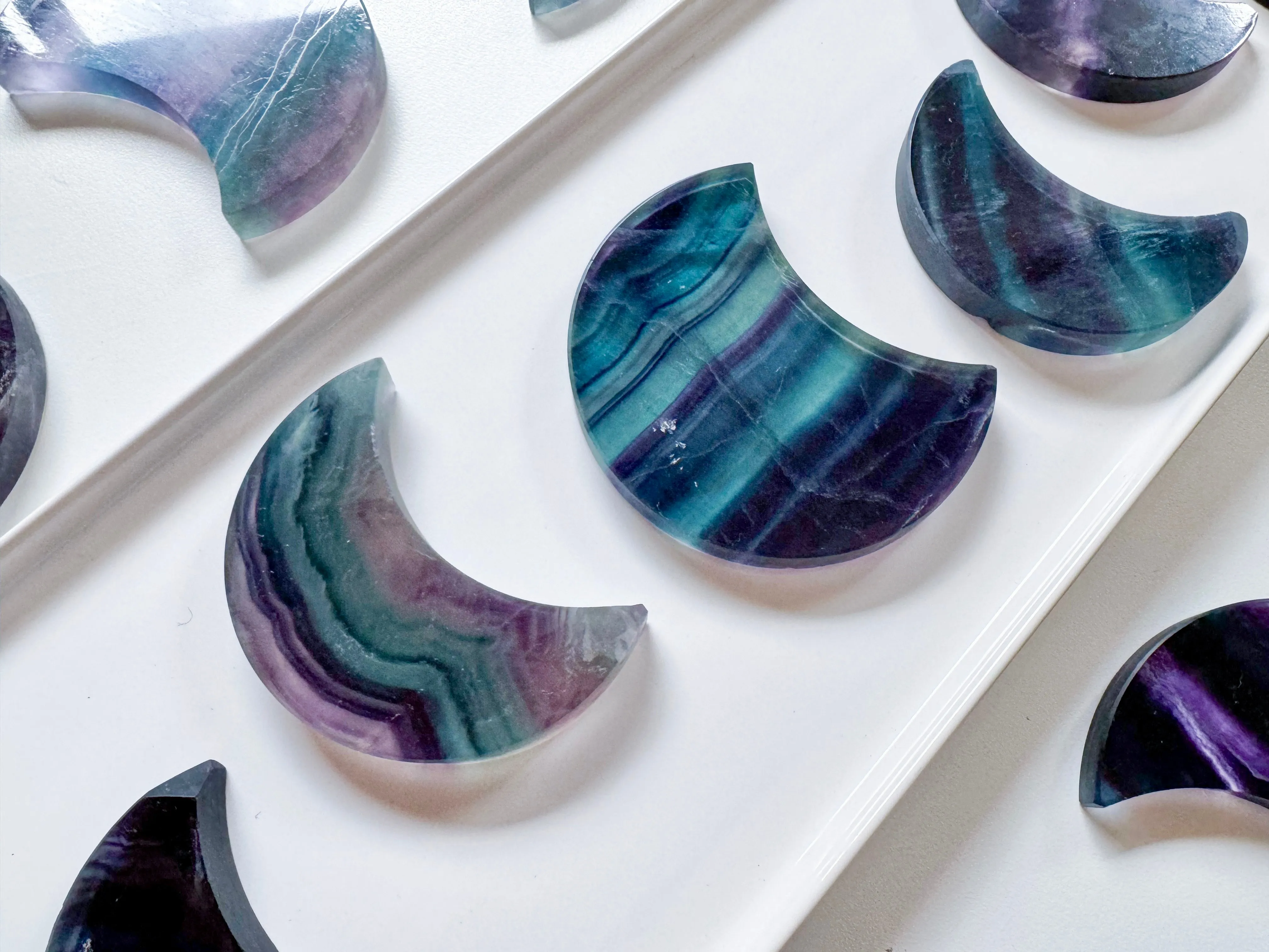 Rainbow Fluorite Crescent Moon Carving