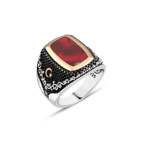 Red Enameled Rectangular Pointed Silver Men's Ring Siding Moon and Star and Wavy Pattern