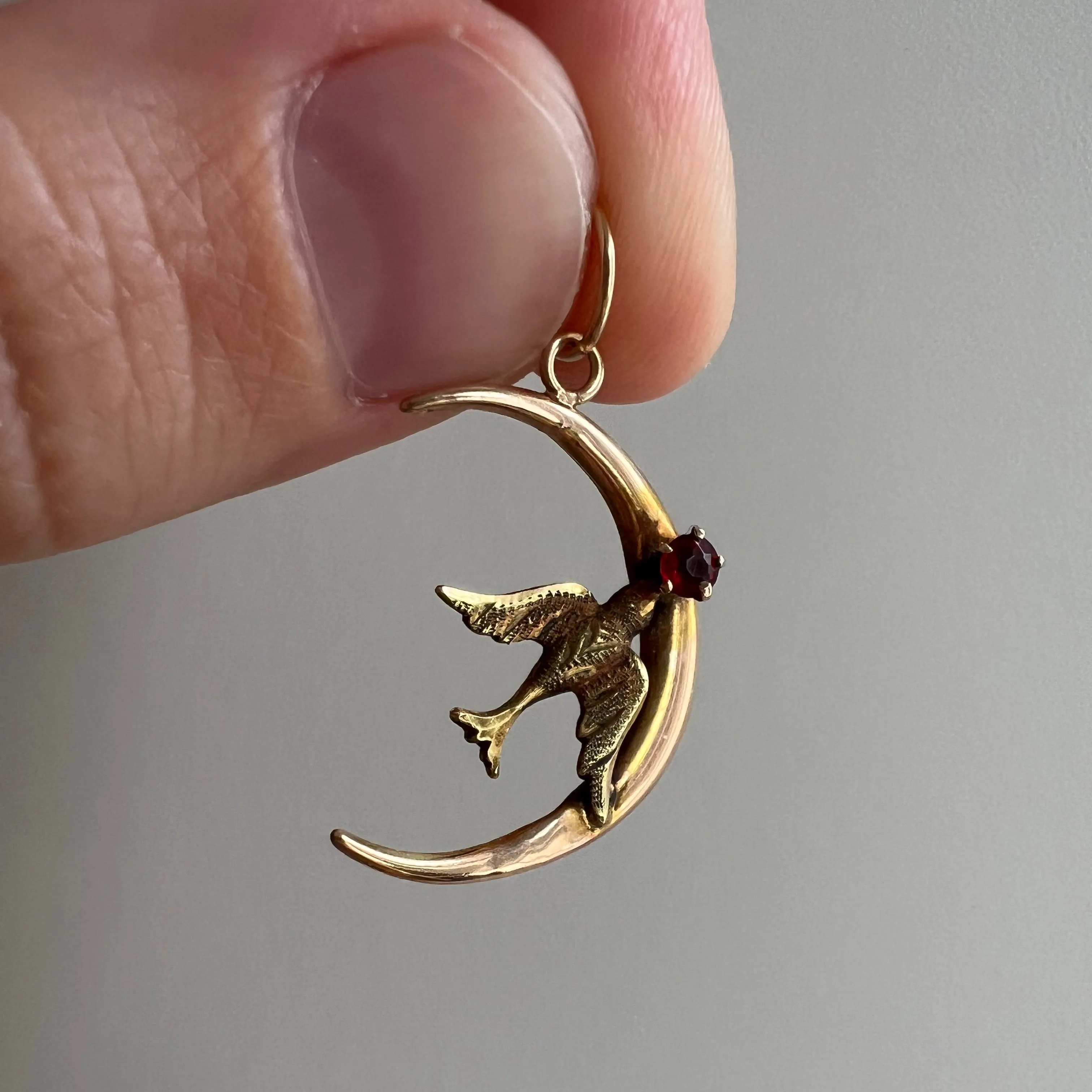 reimagined V I N T A G E // swallow eclipse / 10k crescent moon and bird pendant