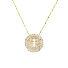 Round Cross Medallion Baguette Micro-Pave Pendant Necklace