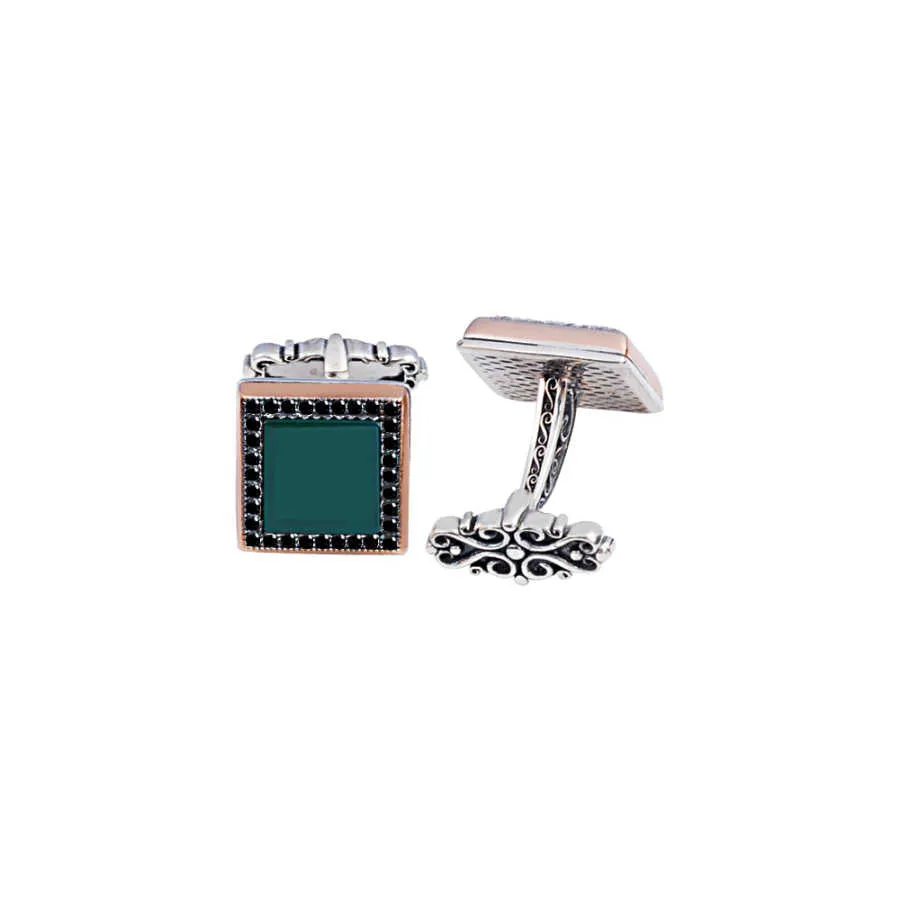 Silver Green Agate Stone Black Zircon Inlaid Cufflink