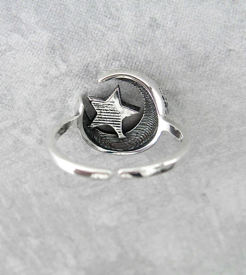 Studded Crescent Moon and Star Toe Midi Ring, Adjustable