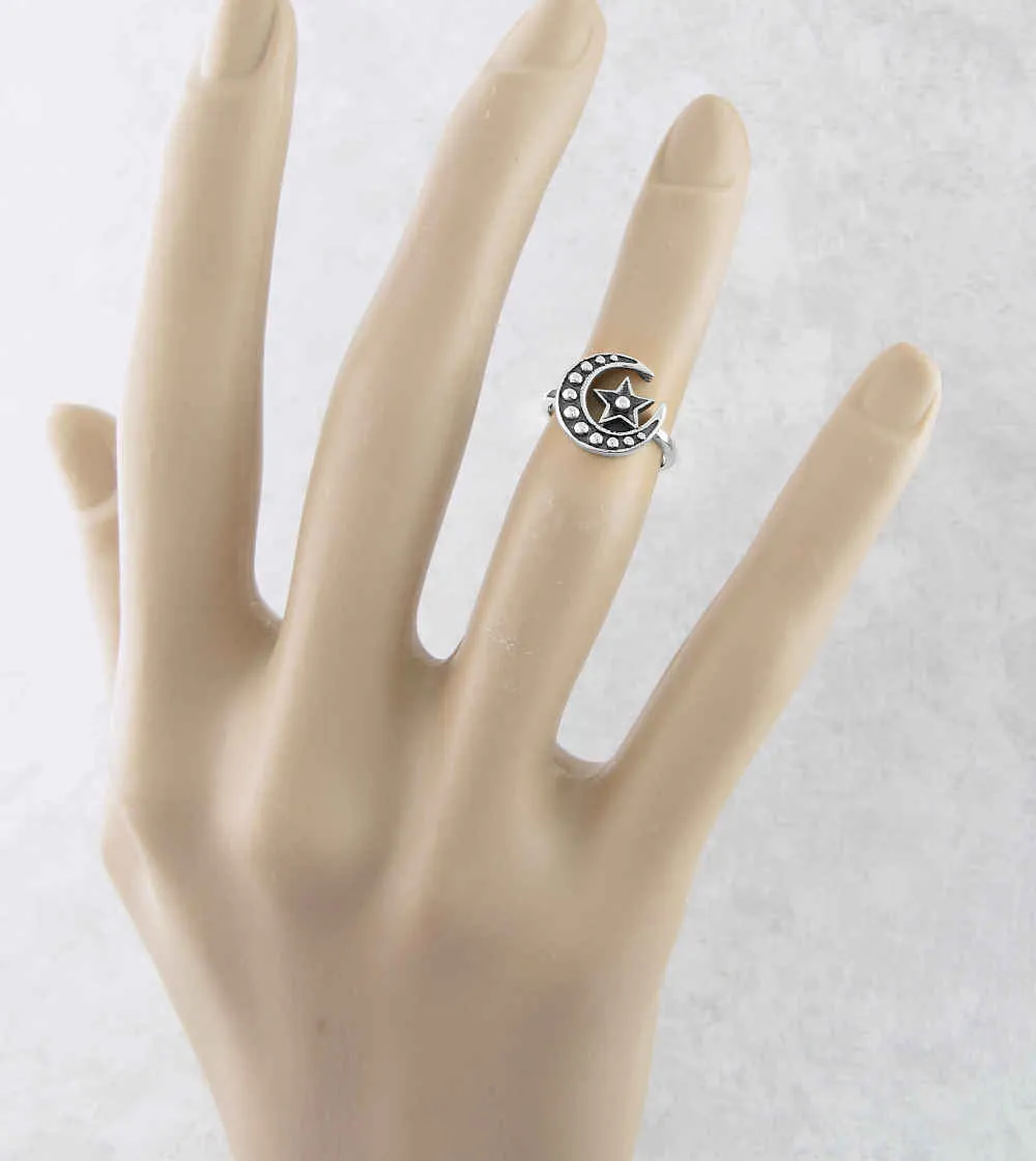 Studded Crescent Moon and Star Toe Midi Ring, Adjustable