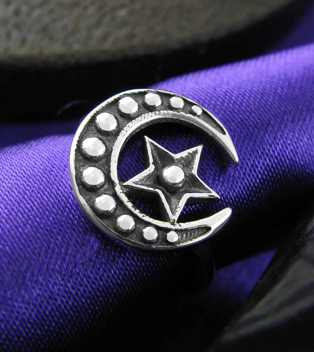 Studded Crescent Moon and Star Toe Midi Ring, Adjustable