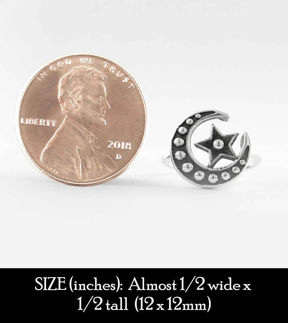 Studded Crescent Moon and Star Toe Midi Ring, Adjustable